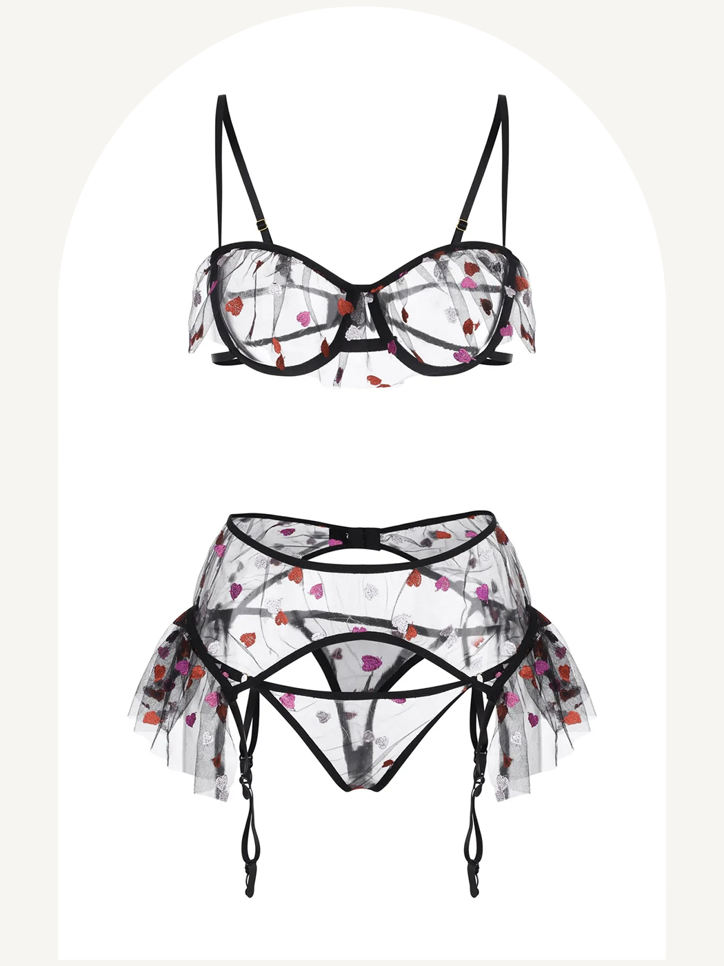 Heart embroidered 3-piece lingerie set