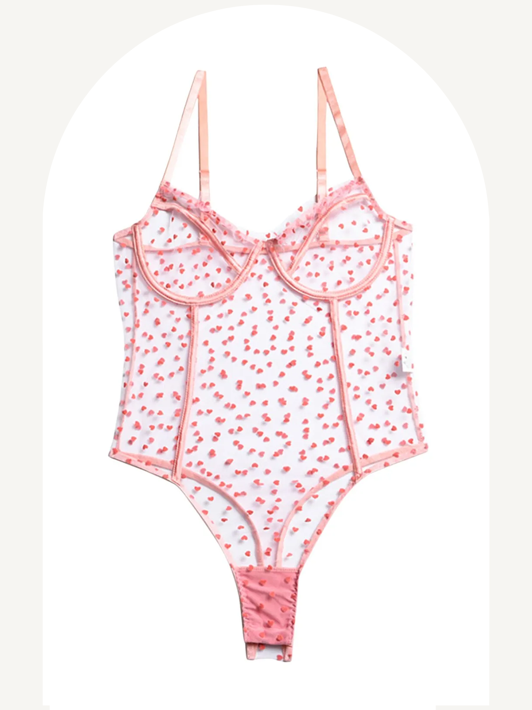 Pink heart embroidered see through bodysuit
