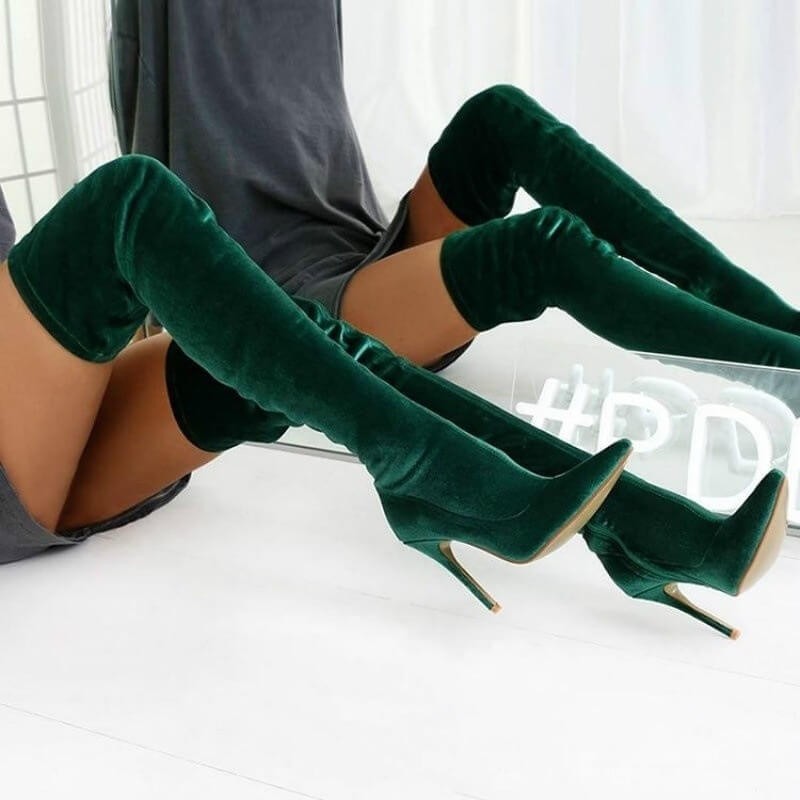 Green velvet thigh high boots