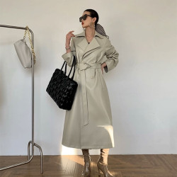 Beige leather long trench coat 