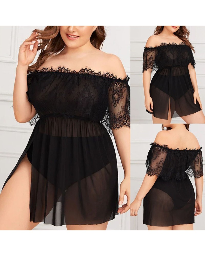 Off-the-shoulder lace nightgown for curvy women