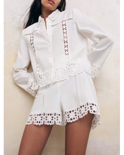 White lace 2 pieces set for women shirt and shorts