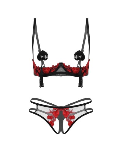 Women's erotic set with open cup bra, crotchless thong and nipple cover
