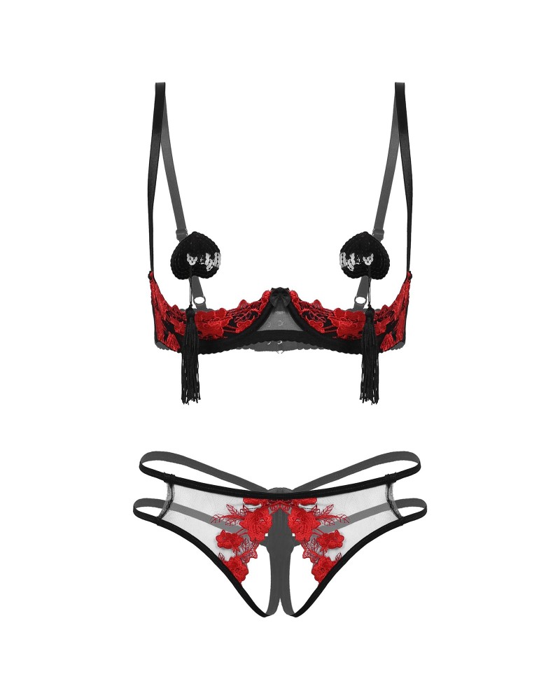 Women's erotic set with open cup bra, crotchless thong and nipple