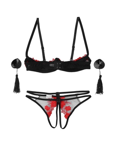 Women's erotic set with open cup bra, crotchless thong and nipple cover
