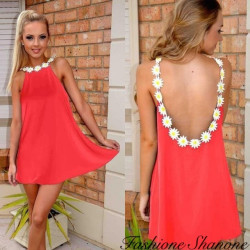 Decorated with daisies backless dress