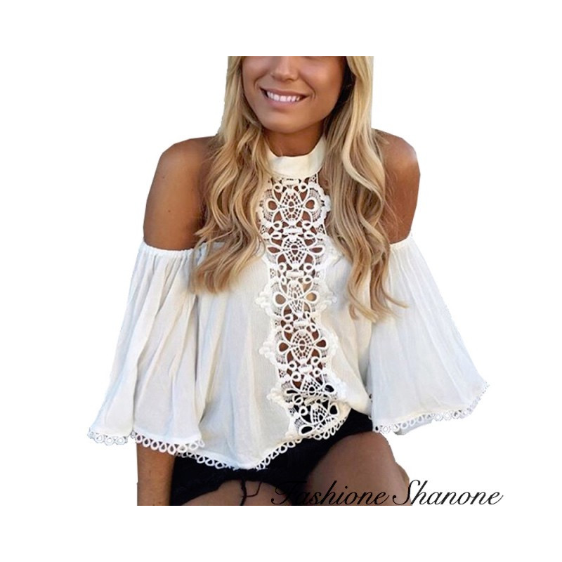 Fashione Shanone - Bardot neckline blouse with lace