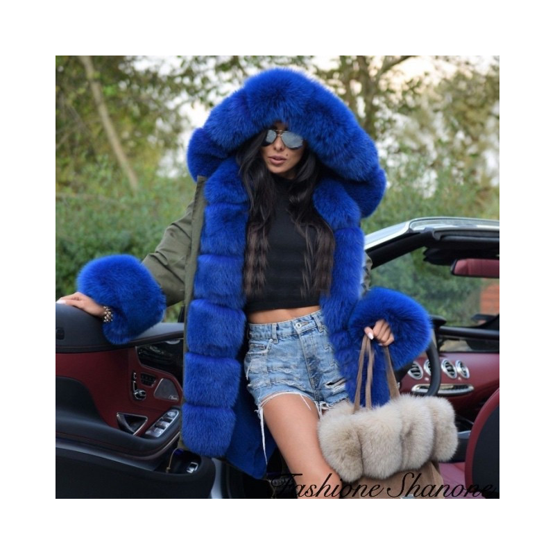 Fashione Shanone - Khaki mid-length coat with blue fur