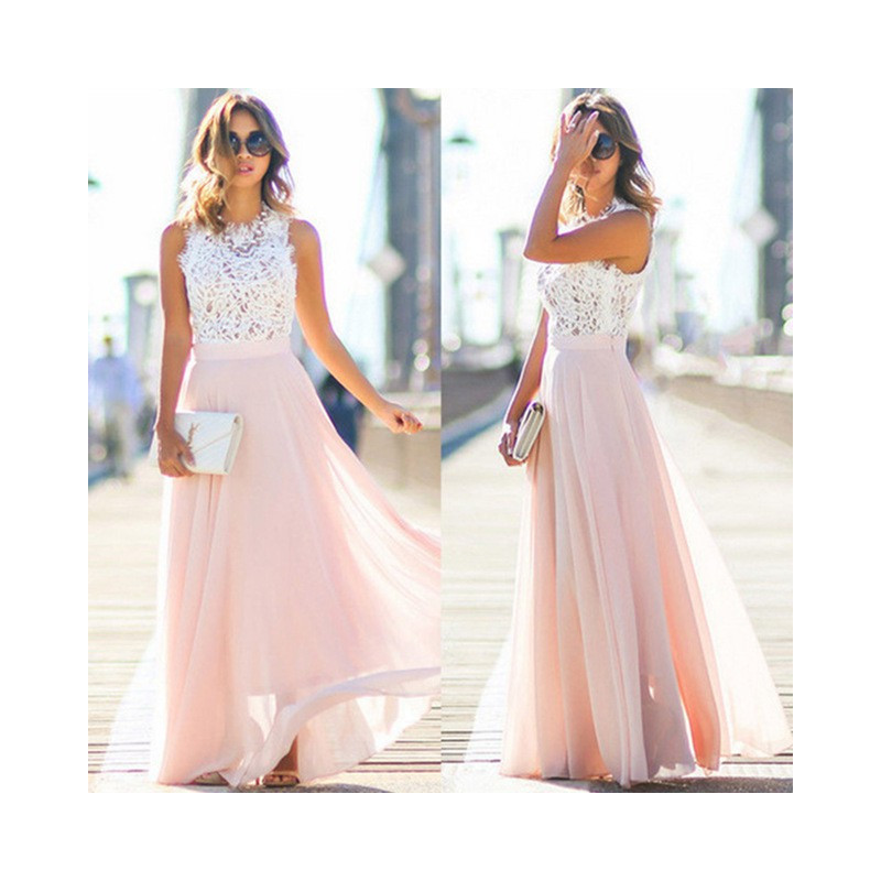 Fashione Shanone - Pink maxi dress with white lace