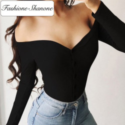 Fashione Shanone - Buttoned T-shirt with Bardot neckline