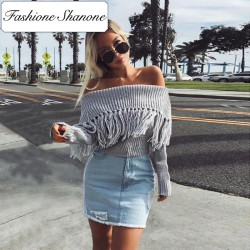 Fashione Shanone - Bardot neckline sweater with fringes
