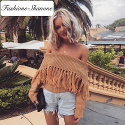 Fashione Shanone - Bardot neckline sweater with fringes