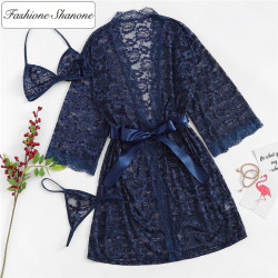 Fashione Shanone - Ensemble string soutien-gorge et robe de chambre en dentelle