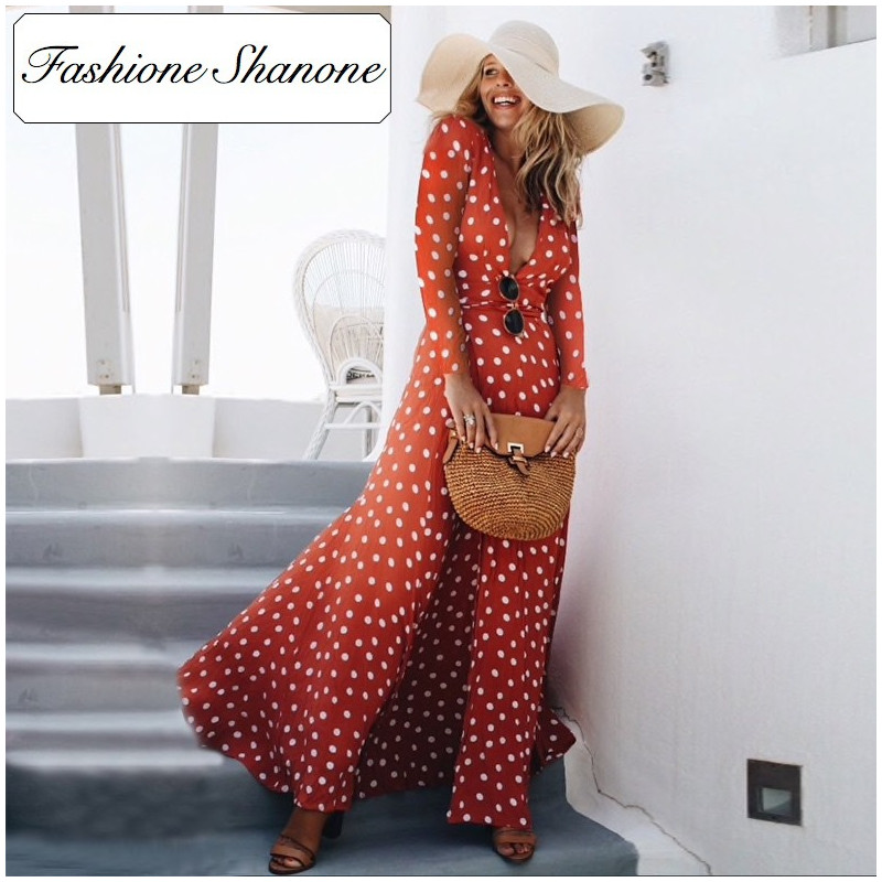 Fashione Shanone - Long red dress with polka dot