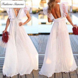Fashione Shanone - Plunging neckline white maxi dress