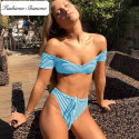 Stripped bikini with Bardot neckline