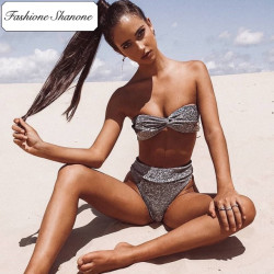 Fashione Shanone - Bikini bandeau argenté pailleté