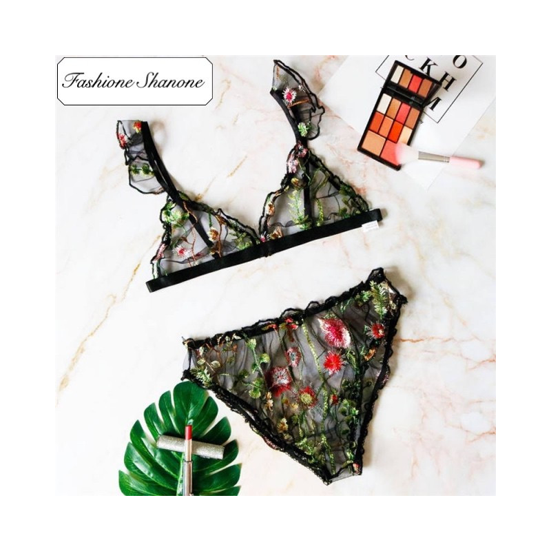 Fashione Shanone - Ensemble de lingerie soutien-gorge et culotte noir fleuri