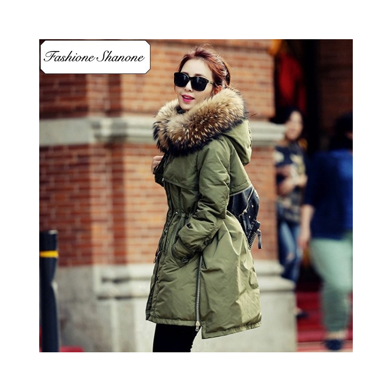 Army green parka with fur hood