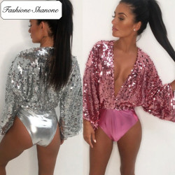 Fashione Shanone - Sequined plunging neckline bodysuit