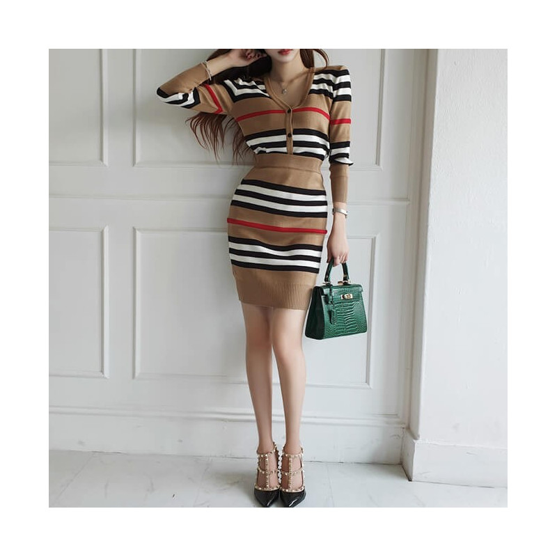Striped cardigan and skirt set