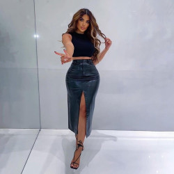 Long leather skirt with slit at the front