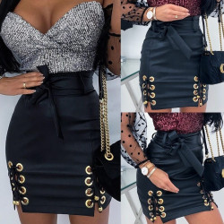 High waist leather skirt with lace-up