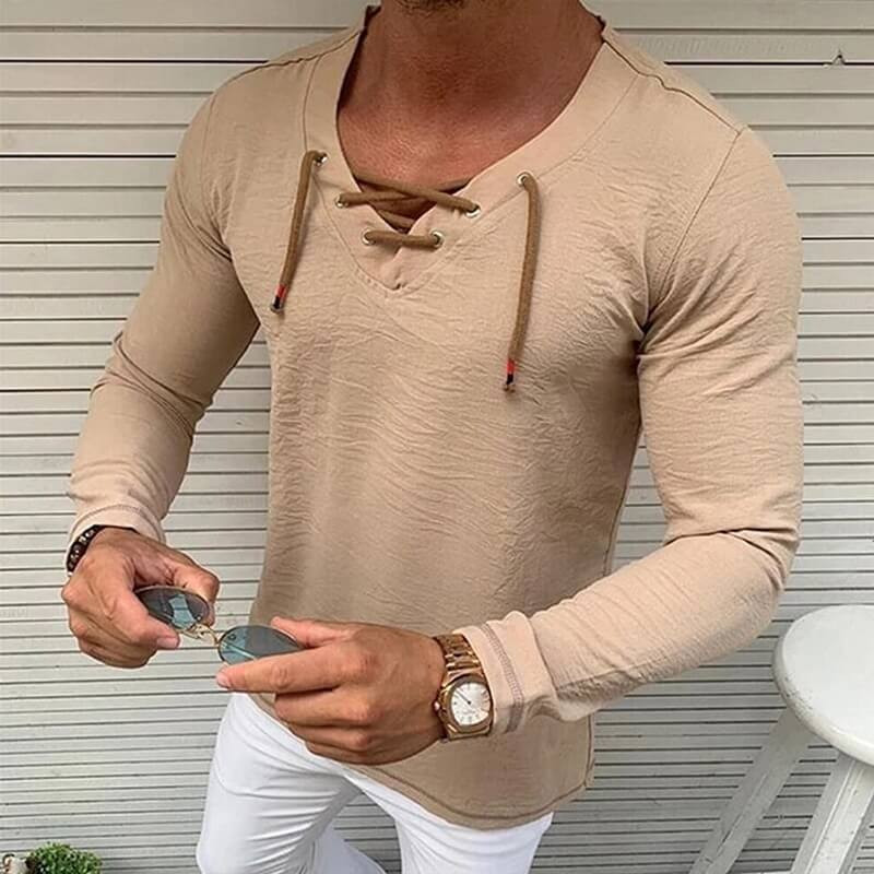 Men's long sleeves lace-up neckline T-shirt