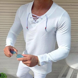 Men's long sleeves lace-up neckline T-shirt