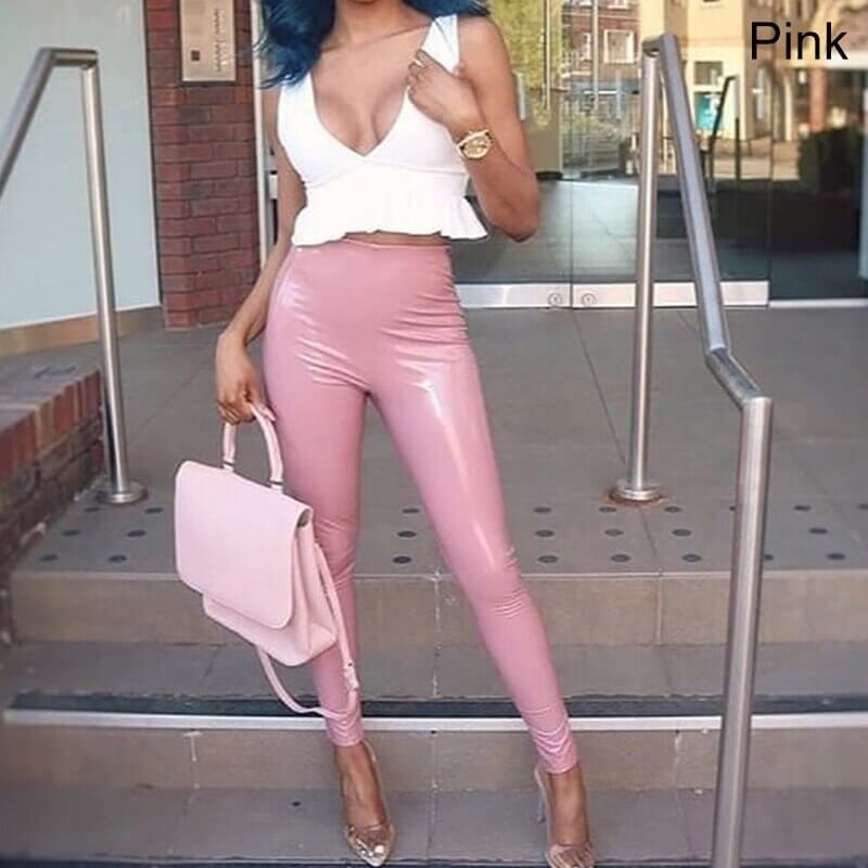 Pink patent leather trousers