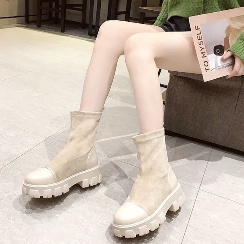 Bi-material ankle boots