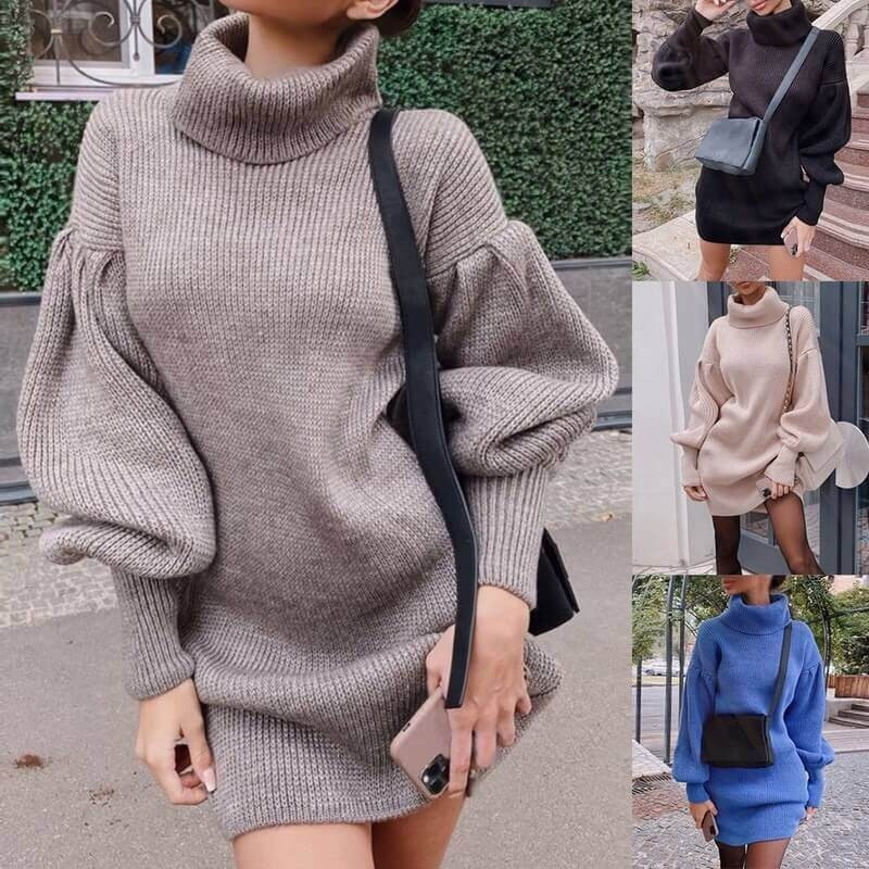 Turtle neck sweater dress with puffed sleeves