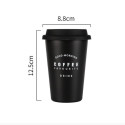Minimalist aesthetic black coffee cup with lid GOOD MORNING