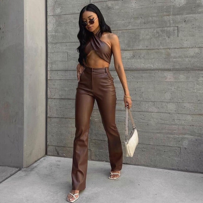 Brown leather pants and top set