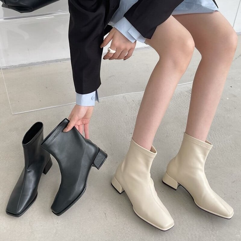 Square toe flat leather ankle boots