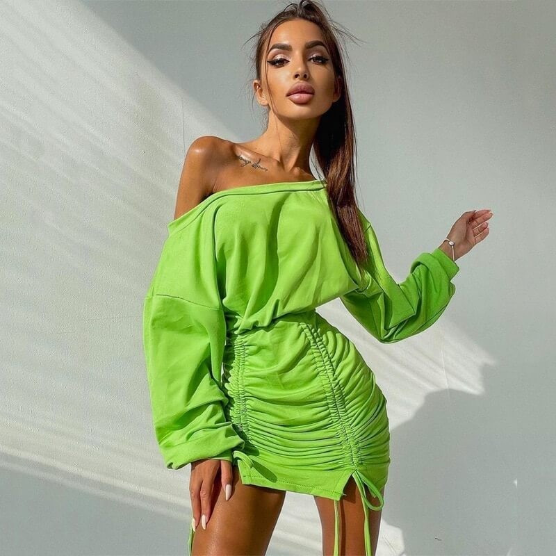 Green dress with off the shoulder