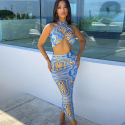 Printed two pieces top and skirt set