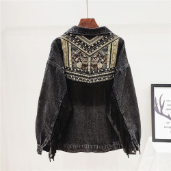 Embroidered denim jacket with fringe