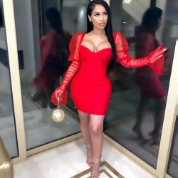 Red dress with see through sleeves