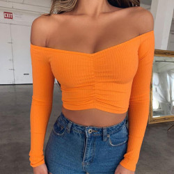 Orange Bardot neckline crop top