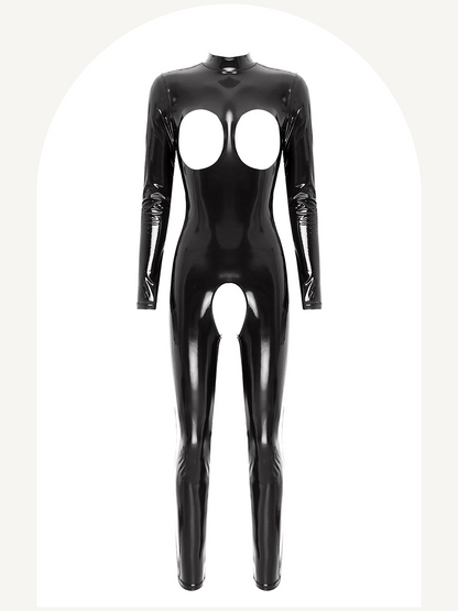 Women open cups and crotchless patent leather jumpsuit