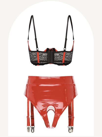 Patent leather erotic lingerie with garter belt