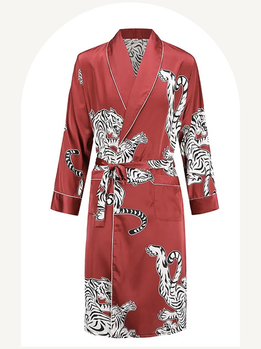 Tiger print red satin robe for men