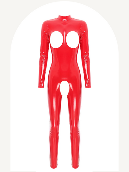 Women open cups and crotchless patent leather jumpsuit