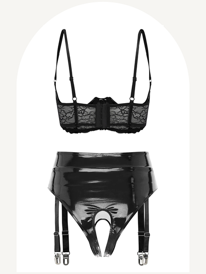 Patent leather erotic lingerie with garter belt