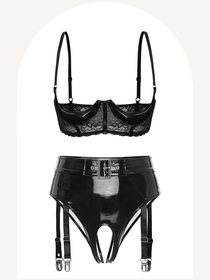 Patent leather erotic lingerie with garter belt