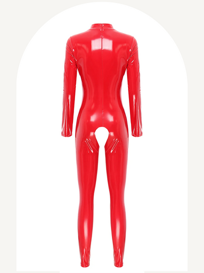Women open cups and crotchless patent leather jumpsuit