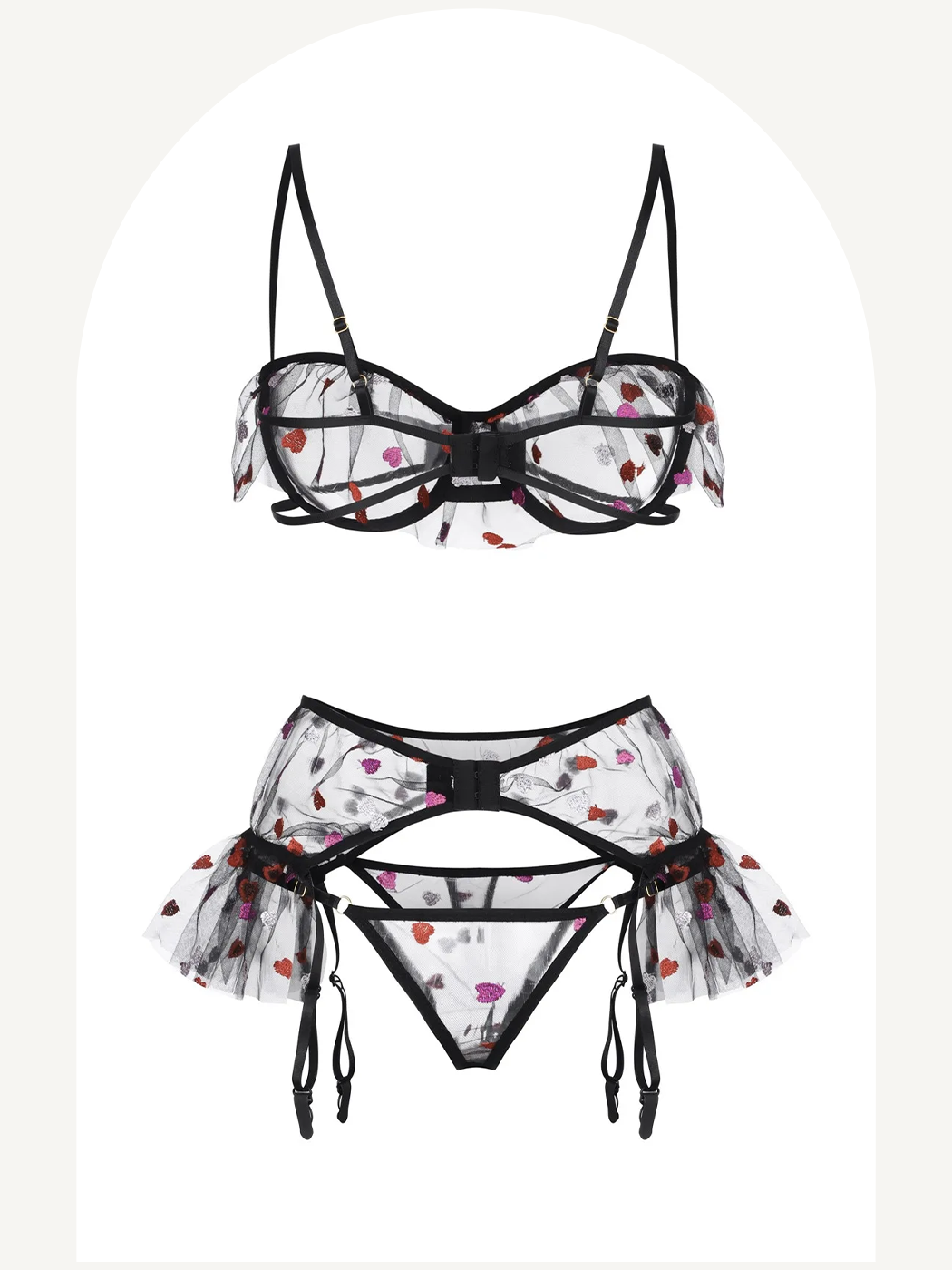 Heart embroidered 3-piece lingerie set