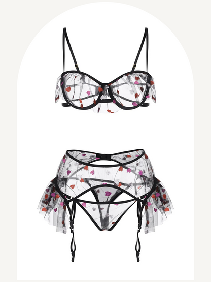 Heart embroidered 3-piece lingerie set