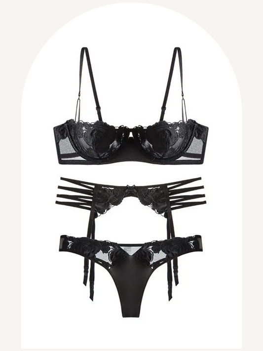 Black lace lingerie set with garter belt